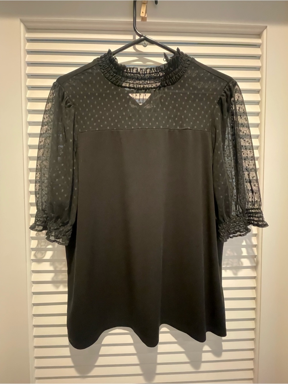 Black Sheer Dot Sleeve Ruffle Neck Blouse